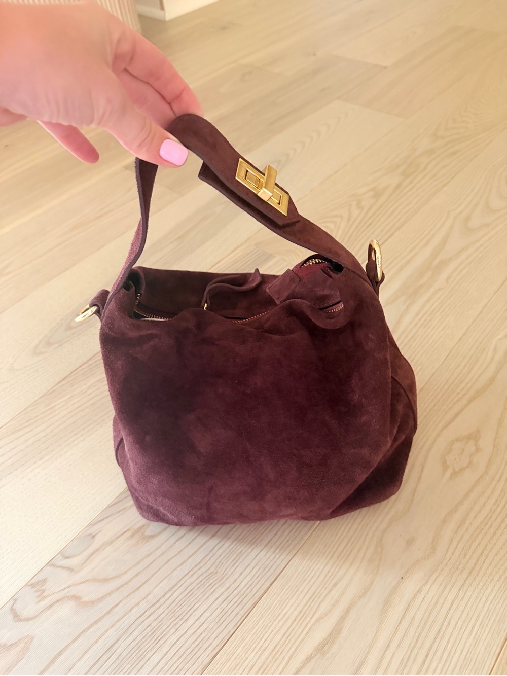 VIOLA CASTELLANI SMALL FOLDED HANDLE SATCHEL BURGUNDY SUEDE - Picture 8 of 13